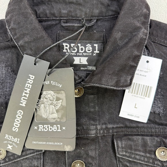 R3BEL‎ Jacket Mens Large Denim Black Embroidered Paradise Thrashed Distressed - Picture 3 of 11